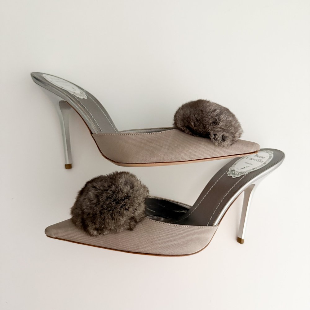 René Caovilla Luxurious Grey Fur Mule Heels (US 8.5 / IT 39